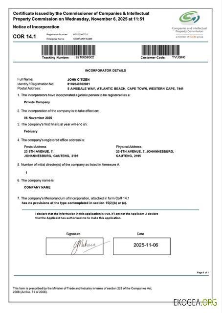 Modèle Word et PDF de certificat de constitution en Afrique du Sud